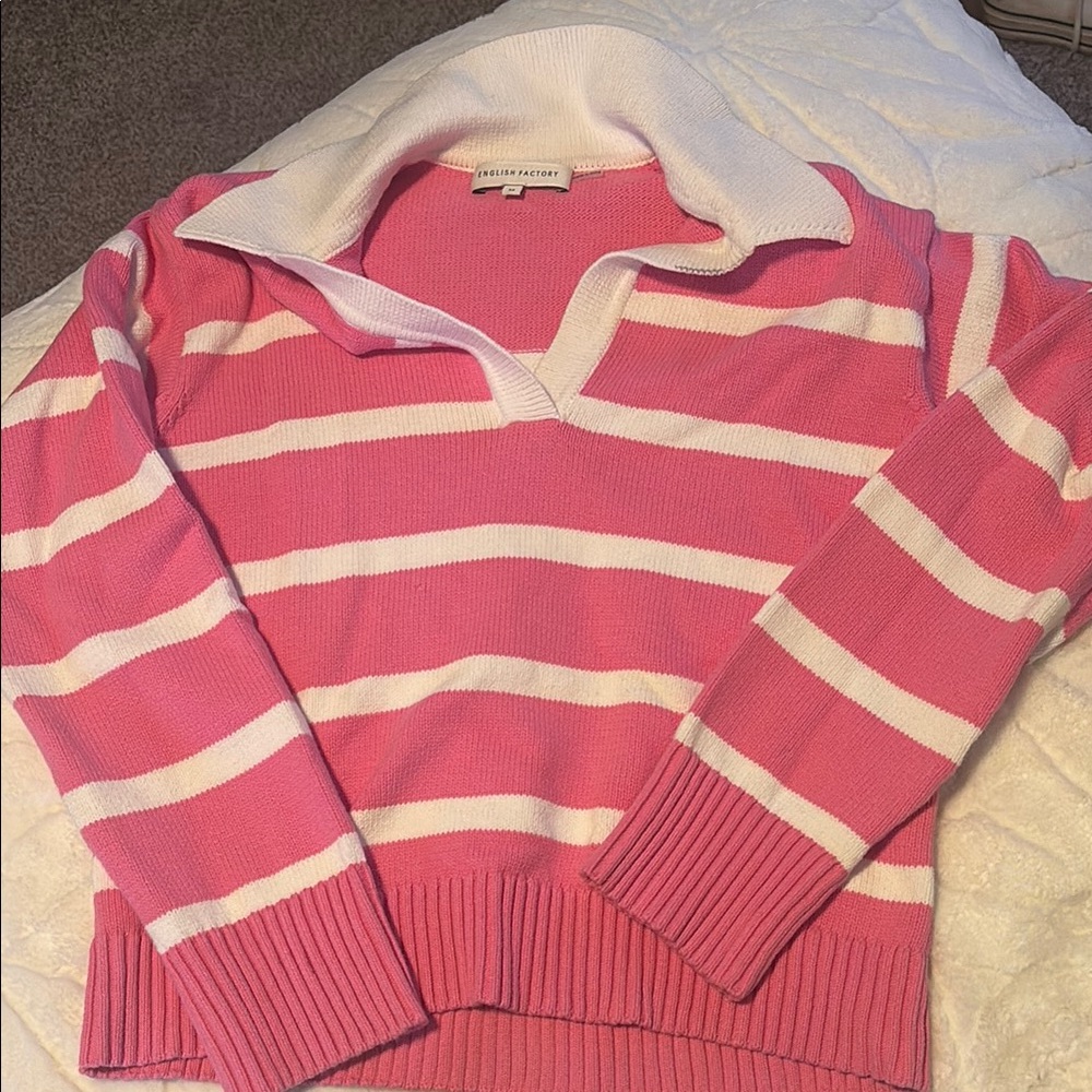 English Factory Pink and White Striped V-Neck Sweater